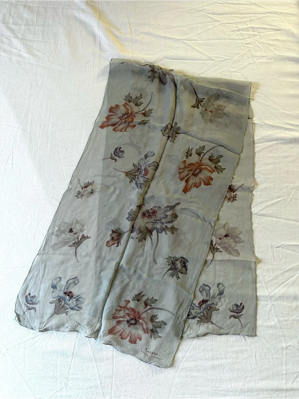 Ralph Lauren Floral Sheer Silk Scarf in Light Gray with Soft Pink Blooms